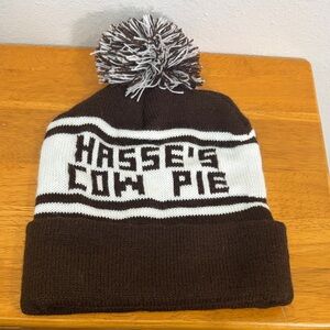 Hasse’s Cow Pie Stocking Hat w/PomPom brown & White Made in USA